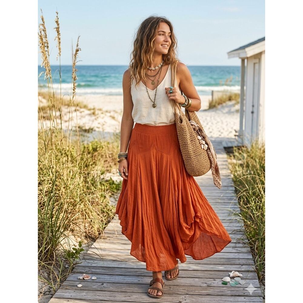 Chaudry Boho Maxi Skirt Asymmetrical Tiered Burnt Orange S Canfit Up To L New